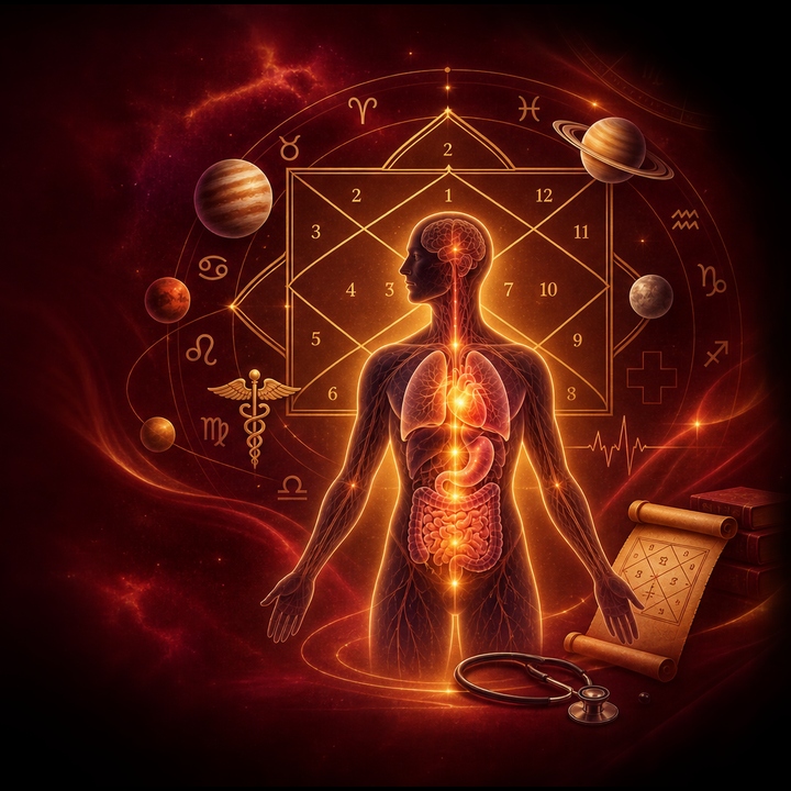 Advanced Medical Astrology Chart combining cosmic planets, zodiac signs, birth chart lines and human body anatomy silhouette representing health correspondences